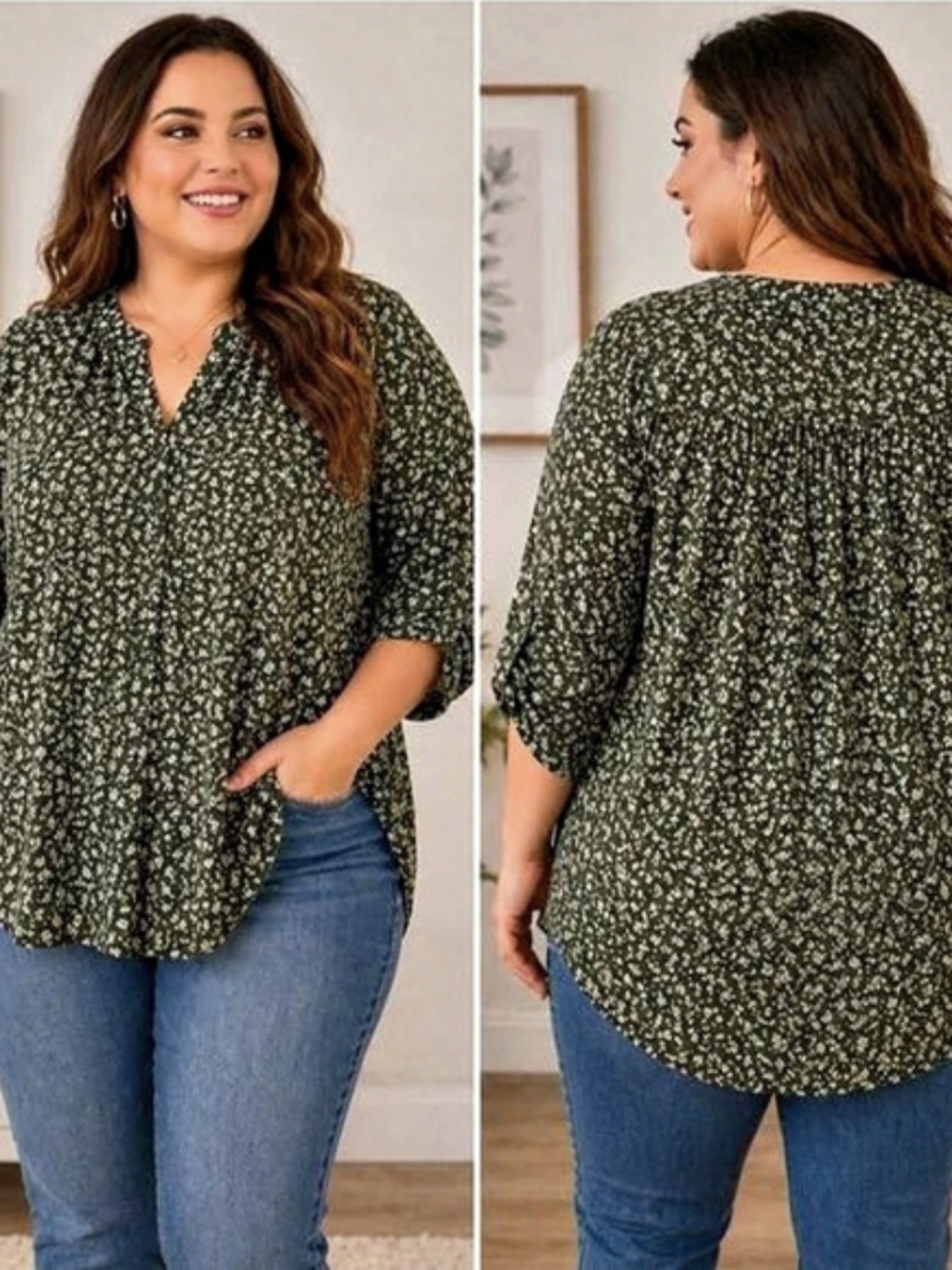 Torrid Harper Georgette Button Front Blouse Olive Floral Green & White Size 2